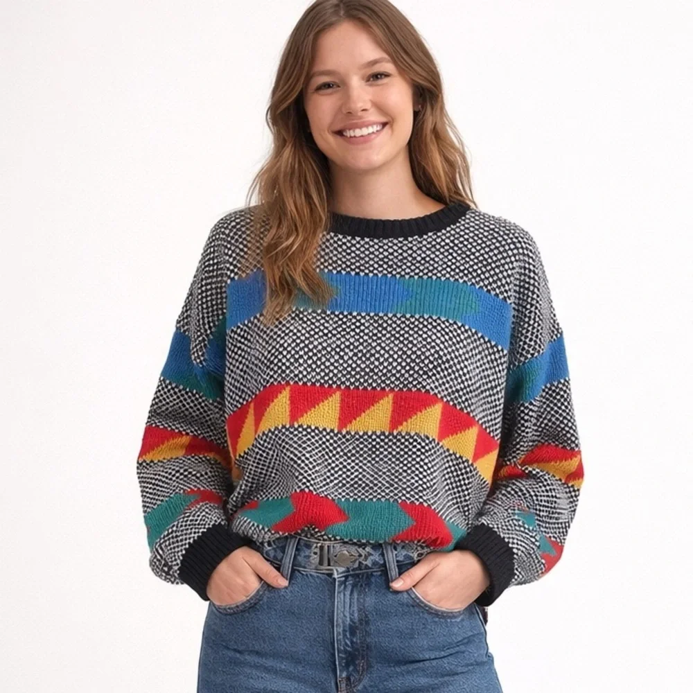 Vintage 80s 90s Southwestern Geometric Graphic Knit Sweater Adele Made USA Sz XL